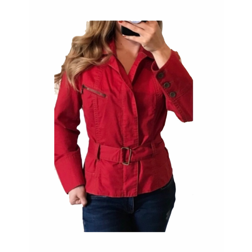 Cabi Jacket Size S Cropped Belted Asymmetrical Zip W/ Pockets Red Cotton